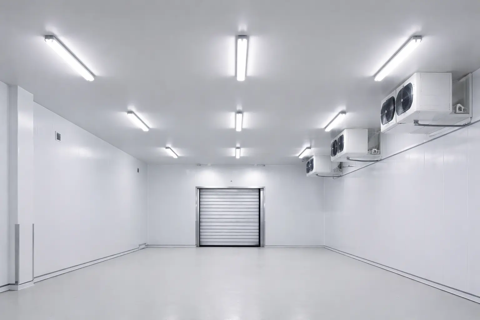 Empty industrial cold room interior with insulated panel walls and ceiling-mounted refrigeration units