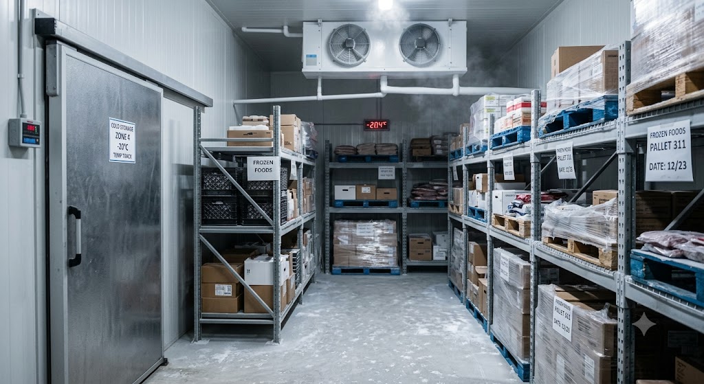 Industrial cold storage warehouse with pallet racking for frozen foods