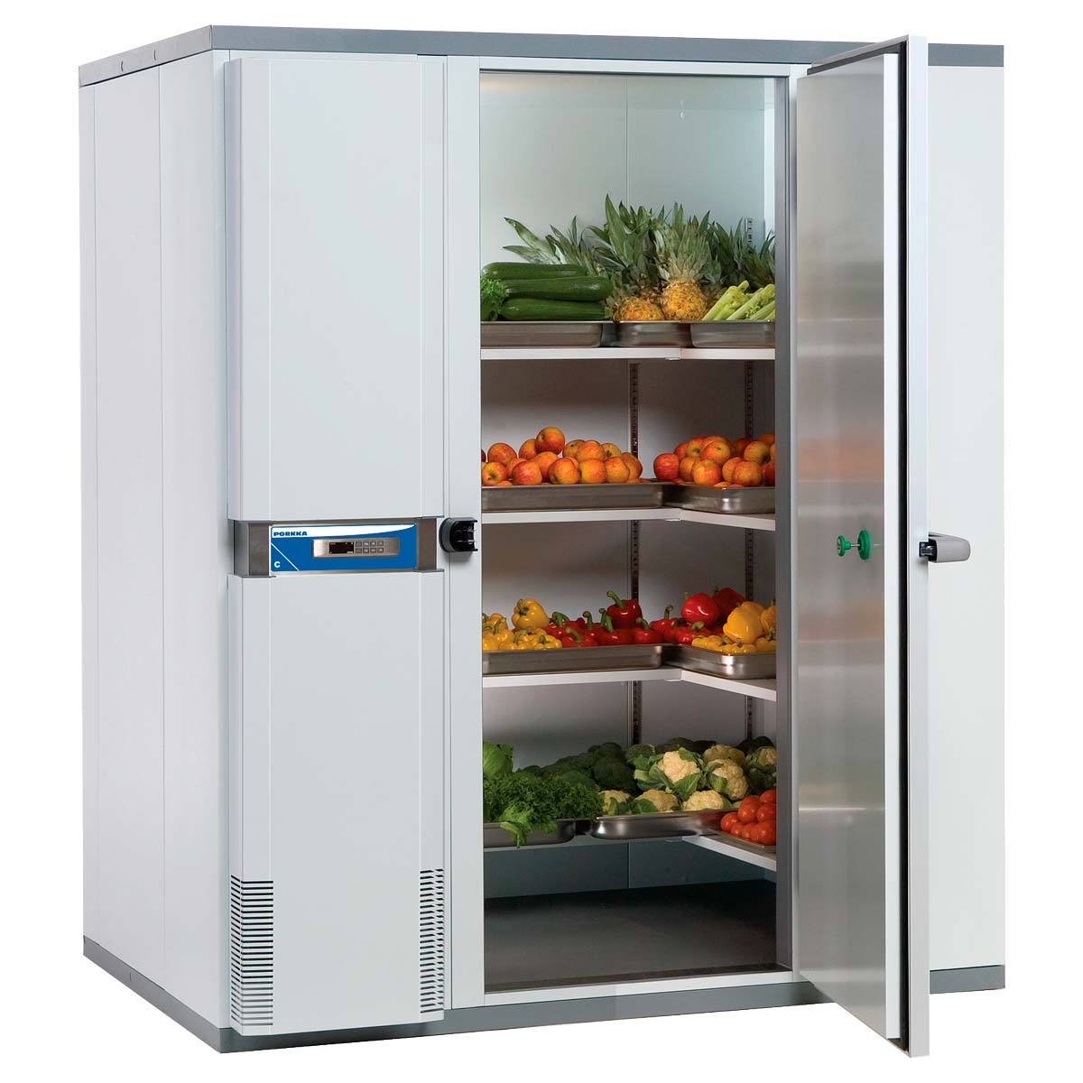 Walk-in cooler stocked with fresh produce, door open